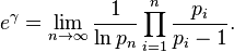 e^\gamma = \lim_{n\to\infty}\frac1{\ln p_n} \prod_{i=1}^n \frac{p_i}{p_i-1}.