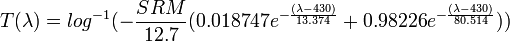 T(\lambda) = log^{-1}(-{SRM\over 12.7}(0.018747e^{-{(\lambda - 430)\over 13.374}} + 0.98226e^{-{(\lambda - 430)\over 80.514}}))