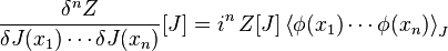 \frac{\delta^n Z}{\delta J(x_1) \cdots \delta J(x_n)}[J] = i^n \, Z[J] \, {\left\langle \phi(x_1)\cdots \phi(x_n)\right\rangle}_J