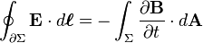  \oint_{\partial \Sigma} \mathbf{E} \cdot d\boldsymbol{\ell} = - \int_{\Sigma} \frac{\partial \mathbf{B}}{\partial t} \cdot d\mathbf{A} 