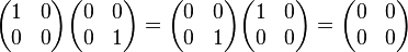 \begin{pmatrix}1&0\\0&0\end{pmatrix}\begin{pmatrix}0&0\\0&1\end{pmatrix}
=\begin{pmatrix}0&0\\0&1\end{pmatrix}\begin{pmatrix}1&0\\0&0\end{pmatrix}
=\begin{pmatrix}0&0\\0&0\end{pmatrix}