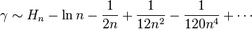 \gamma \sim H_n - \ln n - \frac1{2n} + \frac1{12n^2} - \frac1{120n^4} + \cdots