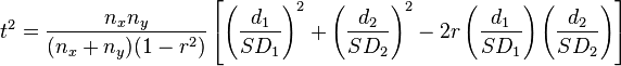 t^2 = \frac{n_x n_y}{(n_x+n_y)(1-r^2)} \left [ \left ( \frac{d_1}{SD_1} \right )^2+\left ( \frac{d_2}{SD_2} \right )^2-2r \left ( \frac{d_1}{SD_1} \right )\left ( \frac{d_2}{SD_2} \right ) \right ] 