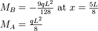 \begin{align} M_B & = -\tfrac{9qL^2}{128} \mbox{ at } x=\tfrac{5L}{8}\\
                      M_A & = \tfrac{qL^2}{8} \end{align}