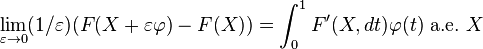  \lim_{\varepsilon \to 0} (1/\varepsilon)(F(X+\varepsilon \varphi) - F(X) ) = \int_0^1 F'(X,dt) \varphi(t)\ \mathrm{a.e.}\ X