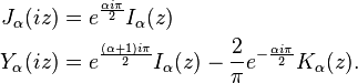 \begin{align}
J_\alpha(iz) &=e^{\frac{\alpha i\pi}{2}} I_\alpha(z)\\
Y_\alpha(iz) &=e^{\frac{(\alpha+1)i\pi}{2}}I_\alpha(z)-\frac{2}{\pi}e^{-\frac{\alpha i\pi}{2}}K_\alpha(z).
\end{align}