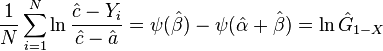 \frac{1}{N}\sum_{i=1}^N  \ln \frac{\hat{c} - Y_i}{\hat{c}-\hat{a}} =  \psi(\hat{\beta})-\psi(\hat{\alpha} + \hat{\beta})=  \ln \hat{G}_{1-X}