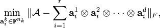  \min_{\mathbf{a}_i^k \in \mathbb{F}^{n_k}} \| \mathcal{A} - \sum_{i=1}^{r} \mathbf{a}_i^1 \otimes \mathbf{a}_i^2 \otimes \cdots \otimes \mathbf{a}_i^d \|_F, 