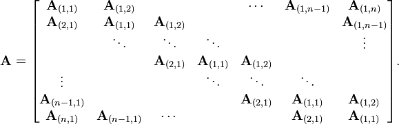  
\mathbf{A} = \begin{bmatrix}
\mathbf{A}_{(1,1)}  & \mathbf{A}_{(1,2)}  &         &         & \cdots  &     \mathbf{A}_{(1,n-1)}    & \mathbf{A}_{(1,n)} \\
\mathbf{A}_{(2,1)}  & \mathbf{A}_{(1,1)}  & \mathbf{A}_{(1,2)}   &         &         &         & \mathbf{A}_{(1,n-1)} \\
       & \ddots & \ddots  & \ddots  &         &         & \vdots \\
       &        & \mathbf{A}_{(2,1)}   & \mathbf{A}_{(1,1)}   & \mathbf{A}_{(1,2)}   &         & \\
\vdots &        &         & \ddots  & \ddots  & \ddots  & \\
\mathbf{A}_{(n-1,1)}       &        &         &         & \mathbf{A}_{(2,1)} & \mathbf{A}_{(1,1)} & \mathbf{A}_{(1,2)}   \\
\mathbf{A}_{(n,1)}      & \mathbf{A}_{(n-1,1)}       & \cdots  &         &         & \mathbf{A}_{(2,1)}   & \mathbf{A}_{(1,1)}
\end{bmatrix}.
