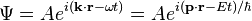 \Psi = Ae^{i(\mathbf{k}\cdot\mathbf{r}-\omega t)} = Ae^{i(\mathbf{p}\cdot\mathbf{r}-Et)/\hbar} 