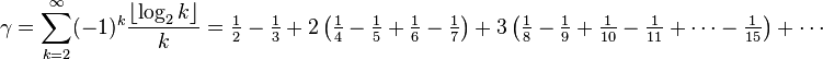 {\gamma = \sum_{k=2}^\infty (-1)^k\frac{\left\lfloor\log_2 k\right\rfloor}{k} = \tfrac12-\tfrac13 + 2\left(\tfrac14 - \tfrac15 + \tfrac16 - \tfrac17\right) + 3\left(\tfrac18 - \tfrac19 + \tfrac1{10} - \tfrac1{11} + \cdots - \tfrac1{15}\right) + \cdots}