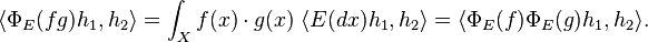 
\langle \Phi_E (fg) h_1, h_2 \rangle = \int _X f(x) \cdot g(x) \; \langle E(dx) h_1, h_2 \rangle 
= \langle \Phi_E (f) \Phi_E (g) h_1 , h_2 \rangle.
