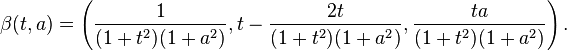 \beta (t,a)=\left({\frac {1}{(1+t^{2})(1+a^{2})}},t-{\frac {2t}{(1+t^{2})(1+a^{2})}},{\frac {ta}{(1+t^{2})(1+a^{2})}}\right).