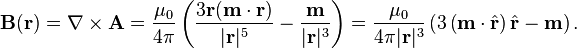 \mathbf{B}({\mathbf{r}})=\nabla\times{\mathbf{A}}=\frac{\mu_{0}}{4\pi}\left(\frac{3\mathbf{r}(\mathbf{m}\cdot\mathbf{r})}{|\mathbf r|^5}-\frac{{\mathbf{m}}}{|\mathbf r|^3}\right)=\frac{\mu_0}{4\pi|\bold r|^3}\left(3\left(\bold m \cdot \hat\bold r\right)\hat\bold r - \bold m\right).