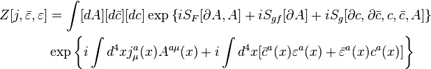 \begin{align}
Z[j,\bar\varepsilon,\varepsilon] & = \int [dA] [d\bar c] [dc] \exp\left\{iS_F[\partial A,A]+iS_{gf}[\partial A]+iS_g[\partial c,\partial\bar c,c,\bar c,A]\right\} \\
&\exp\left\{i\int d^4x j^a_\mu(x)A^{a\mu}(x)+i\int d^4x[\bar c^a(x)\varepsilon^a(x)+\bar\varepsilon^a(x) c^a(x)]\right\}
\end{align}