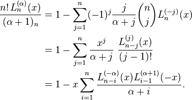 \begin{align}
\frac{n!\,L_n^{(\alpha)}(x)}{(\alpha+1)_n} 
&= 1- \sum_{j=1}^n (-1)^j \frac{j}{\alpha + j} {n \choose j}L_n^{(-j)}(x) \\
&= 1- \sum_{j=1}^n \frac{x^j}{\alpha + j}\,\,\frac{L_{n-j}^{(j)}(x)}{(j-1)!} \\
&= 1-x \sum_{i=1}^n \frac{L_{n-i}^{(-\alpha)}(x) L_{i-1}^{(\alpha+1)}(-x)}{\alpha +i}.
\end{align}