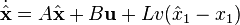 {\dot {\hat {\mathbf {x} }}}=A{\hat {\mathbf {x} }}+B\mathbf {u} +Lv({\hat {x}}_{1}-x_{1})