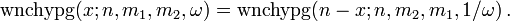 \operatorname{wnchypg}(x;n,m_1,m_2,\omega) = \operatorname{wnchypg}(n-x;n,m_2,m_1,1/\omega)\,.