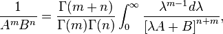 \frac{1}{A^{m}B^{n}} = \frac{\Gamma( m+n)}{\Gamma(m)\Gamma(n)}\int_{0}^{\infty} \frac{\lambda^{m-1}d\lambda}{\left[\lambda A + B\right]^{n+m}},