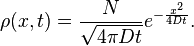 \rho(x,t)=\frac{N}{\sqrt{4\pi Dt}}e^{-\frac{x^2}{4Dt}}.