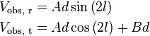 
\begin{align} 
& V_{\text{obs, r}}=Ad\sin\left(2l\right) \\
& V_{\text{obs, t}}=Ad\cos\left(2l\right)+Bd \\
\end{align}
