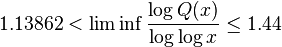 1.13862 < \liminf \frac{\log Q(x)}{\log\log x} \le 1.44 \ 