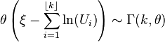  \theta \left( \xi - \sum_{i=1}^{\lfloor{k}\rfloor} {\ln(U_i)} \right) \sim \Gamma (k, \theta)