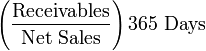 \left (\frac{\mbox{Receivables}}{\mbox{Net Sales}}\right)\mbox{365 Days}