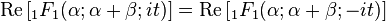  \textrm{Re} \left [ {}_1F_1(\alpha; \alpha+\beta; it) \right ] = \textrm{Re} \left [ {}_1F_1(\alpha; \alpha+\beta; - it) \right ]  