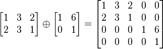 
  \begin{bmatrix}
    1 & 3 & 2 \\
    2 & 3 & 1
  \end{bmatrix}
\oplus
  \begin{bmatrix}
    1 & 6 \\
    0 & 1
  \end{bmatrix}
=
  \begin{bmatrix}
    1 & 3 & 2 & 0 & 0 \\
    2 & 3 & 1 & 0 & 0 \\
    0 & 0 & 0 & 1 & 6 \\
    0 & 0 & 0 & 0 & 1
  \end{bmatrix}
