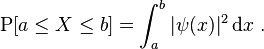  \operatorname P [a \leq X \leq b] = \int_a^b |\psi(x)|^2 \, \mathrm{d}x ~.