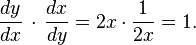  \frac{dy}{dx}\,\cdot\,\frac{dx}{dy}  =  2x \cdot\frac{1}{2x}  =  1. 