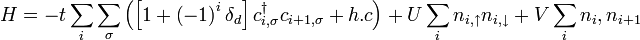 H = -t \sum_{i} \sum_{\sigma} \left ( \left [ 1+ \left(-1 \right)^i \delta_d \right ]c^{\dagger}_{i,\sigma}c_{i+1,\sigma}+ h.c \right)+ U \sum_i n_{i,\uparrow}n_{i,\downarrow} + V \sum_{i}n_i, n_{i+1}  