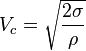 V_c = \sqrt{\frac{2\sigma}{\rho}}