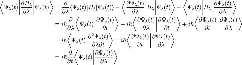 
\begin{align}
\bigg\langle\Psi_\lambda(t)\bigg|\frac{\partial H_\lambda}{\partial\lambda}\bigg|\Psi_\lambda(t)\bigg\rangle &=
\frac{\partial}{\partial\lambda}\langle\Psi_\lambda(t)|H_\lambda|\Psi_\lambda(t)\rangle
- \bigg\langle\frac{\partial\Psi_\lambda(t)}{\partial\lambda}\bigg|H_\lambda\bigg|\Psi_\lambda(t)\bigg\rangle
- \bigg\langle\Psi_\lambda(t)\bigg|H_\lambda\bigg|\frac{\partial\Psi_\lambda(t)}{\partial\lambda}\bigg\rangle \\
&= i\hbar \frac{\partial}{\partial\lambda}\bigg\langle\Psi_\lambda(t)\bigg|\frac{\partial\Psi_\lambda(t)}{\partial t}\bigg\rangle
 - i\hbar\bigg\langle\frac{\partial\Psi_\lambda(t)}{\partial\lambda}\bigg|\frac{\partial\Psi_\lambda(t)}{\partial t}\bigg\rangle
+  i\hbar\bigg\langle\frac{\partial\Psi_\lambda(t)}{\partial t}\bigg|\frac{\partial\Psi_\lambda(t)}{\partial\lambda}\bigg\rangle \\
&= i\hbar \bigg\langle\Psi_\lambda(t)\bigg| \frac{\partial^2\Psi_\lambda(t)}{\partial\lambda \partial t}\bigg\rangle
+  i\hbar\bigg\langle\frac{\partial\Psi_\lambda(t)}{\partial t}\bigg|\frac{\partial\Psi_\lambda(t)}{\partial\lambda}\bigg\rangle \\
&= i \hbar \frac{\partial}{\partial t}\bigg\langle\Psi_\lambda(t)\bigg|\frac{\partial \Psi_\lambda(t)}{\partial \lambda}\bigg\rangle
\end{align}
