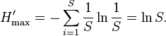 H^\prime_\max = - \sum_{i=1}^S {1\over S} \ln {1\over S} = \ln S.