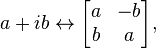 a + ib \leftrightarrow \begin{bmatrix}
a & -b  \\
b & a \end{bmatrix},