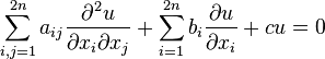  \sum\limits_{i,j=1}^{2n} a_{ij}\frac{\partial^2 u}{\partial x_i \partial x_j} +
 \sum\limits_{i=1}^{2n} b_i\frac{\partial u}{\partial x_i} + cu =0