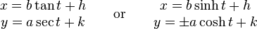 \begin{matrix}
 x = b\tan t + h \\
 y = a\sec t + k \\
\end{matrix}
\qquad \mathrm{or} \qquad\begin{matrix}
 x = b\sinh t + h \\
 y = \pm a\cosh t + k \\
\end{matrix}
