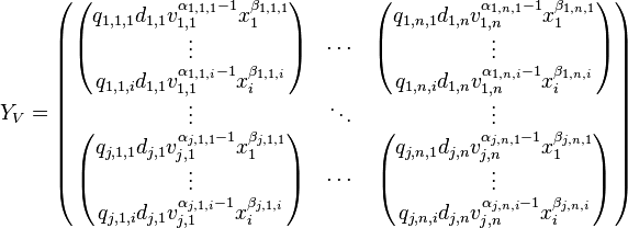 
Y_{V} = \begin{pmatrix} \begin{pmatrix} 
q_{1,1,1} d_{1,1} v_{1,1}^{\alpha_{1,1,1}-1} x_{1}^{\beta_{1,1,1}} \\ \vdots \\ q_{1,1,i} d_{1,1} v_{1,1}^{\alpha_{1,1,i}-1} x_{i}^{\beta_{1,1,i}} 
\end{pmatrix} & \cdots & \begin{pmatrix}
q_{1,n,1} d_{1,n} v_{1,n}^{\alpha_{1,n,1}-1} x_{1}^{\beta_{1,n,1}} \\ \vdots \\ q_{1,n,i} d_{1,n} v_{1,n}^{\alpha_{1,n,i}-1} x_{i}^{\beta_{1,n,i}} 
\end{pmatrix} \\ \vdots & \ddots & \vdots \\ \begin{pmatrix} 
q_{j,1,1} d_{j,1} v_{j,1}^{\alpha_{j,1,1}-1} x_{1}^{\beta_{j,1,1}} \\ \vdots \\ q_{j,1,i} d_{j,1} v_{j,1}^{\alpha_{j,1,i}-1} x_{i}^{\beta_{j,1,i}} 
\end{pmatrix} & \cdots & \begin{pmatrix}
q_{j,n,1} d_{j,n} v_{j,n}^{\alpha_{j,n,1}-1} x_{1}^{\beta_{j,n,1}} \\ \vdots \\ q_{j,n,i} d_{j,n} v_{j,n}^{\alpha_{j,n,i}-1} x_{i}^{\beta_{j,n,i}} 
\end{pmatrix} \end{pmatrix}
