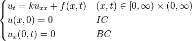 \begin{cases} u_{t}=ku_{xx}+f(x,t) & (x, t) \in [0, \infty) \times (0, \infty)  \\ u(x,0)=0 & IC \\ u_x(0,t)=0 & BC \end{cases} 