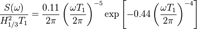 
\frac{S(\omega)}{H_{1/3}^2 T_1} = \frac{0.11}{2\pi} \left(\frac{\omega T_1}{2\pi}\right)^{-5} \mathrm{exp} \left[-0.44 \left(\frac{\omega T_1}{2\pi}\right)^{-4} \right]
