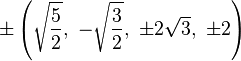 \pm \left({\sqrt {\frac {5}{2}}},\ -{\sqrt {\frac {3}{2}}},\ \pm 2{\sqrt {3}},\ \pm 2\right)