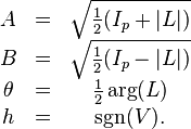 
\begin{matrix}
A & = & \sqrt{\frac{1}{2}(I_p+|L|)} \\
B & = & \sqrt{\frac{1}{2}(I_p-|L|)} \\
\theta & = & \frac{1}{2}\arg(L)\\
h & = & \sgn(V). \\
\end{matrix}
