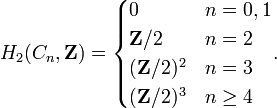 H_2(C_n,\mathbf{Z}) = \begin{cases}
 0 & n = 0, 1\\
 \mathbf{Z}/2 & n = 2\\
 (\mathbf{Z}/2)^2 & n = 3\\
 (\mathbf{Z}/2)^3 & n \geq 4 \end{cases}.