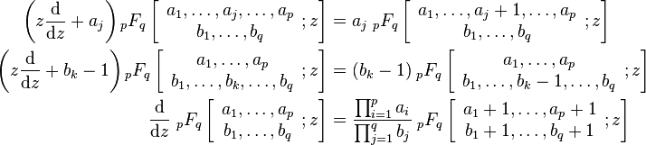 \begin{align}
\left (z\frac{{\rm{d}}}{{\rm{d}}z} + a_j \right ){}_pF_q\left[ \begin{array}{c} a_1,\dots,a_j,\dots,a_p \\ b_1,\dots,b_q\end{array} ;z\right] &= a_j \; {}_pF_q\left[ \begin{array}{c} a_1,\dots,a_j+1,\dots,a_p \\ b_1,\dots,b_q \end{array} ;z\right] \\

\left (z\frac{{\rm{d}}}{{\rm{d}}z} + b_k - 1 \right ){}_pF_q\left[ \begin{array}{c} a_1,\dots,a_p \\ b_1,\dots,b_k,\dots,b_q\end{array} ;z\right] &= (b_k - 1) \; {}_pF_q\left[ \begin{array}{c} a_1,\dots,a_p \\ b_1,\dots,b_k-1,\dots,b_q \end{array} ;z \right] \\
\frac{{\rm{d}}}{{\rm{d}}z} \; {}_pF_q\left[ \begin{array}{c} a_1,\dots,a_p \\ b_1,\dots,b_q \end{array} ;z \right] &= \frac{\prod_{i=1}^p a_i}{\prod_{j=1}^q b_j}\; {}_pF_q\left[ \begin{array}{c} a_1+1,\dots,a_p+1 \\ b_1+1,\dots,b_q+1 \end{array} ;z \right]
\end{align}