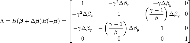 \Lambda = B(\boldsymbol{\beta} + \Delta\boldsymbol{\beta})B(-\boldsymbol{\beta})=
\begin{bmatrix}
1 & -\gamma^2 \Delta \beta_x & -\gamma\Delta\beta_y & 0 \\
-\gamma^2 \Delta \beta_x & 1 & \left(\dfrac{\gamma-1}{\beta}\right)\Delta\beta_y & 0 \\
-\gamma\Delta\beta_y & - \left(\dfrac{\gamma-1}{\beta}\right)\Delta\beta_y & 1 & 0 \\
0 & 0 & 0 & 1 
\end{bmatrix}