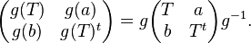 \displaystyle{\begin{pmatrix}g(T) & g(a) \\ g(b) & g(T)^t\end{pmatrix}= g \begin{pmatrix}T & a \\ b & T^t\end{pmatrix} g^{-1}.}