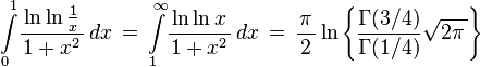 \int\limits_0^1 \!\frac{\,\ln\ln\frac{1}{x}\,}{1+x^2}\,dx\, =
\,\int\limits_1^\infty \!\frac{\,\ln\ln{x}\,}{1+x^2}\,dx\, =
\,\frac{\pi}{\,2\,}\ln\left\{ \frac{\Gamma{(3/4)}}{\Gamma{(1/4)}}\sqrt{2\pi\,}\right\}