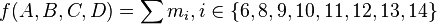 f(A, B, C, D) = \sum_{}m_i, i \in \{6, 8, 9, 10, 11, 12, 13, 14\}